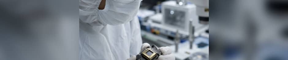 Engineer in a cleanroom inspecting a custom photodiode sensor assembly